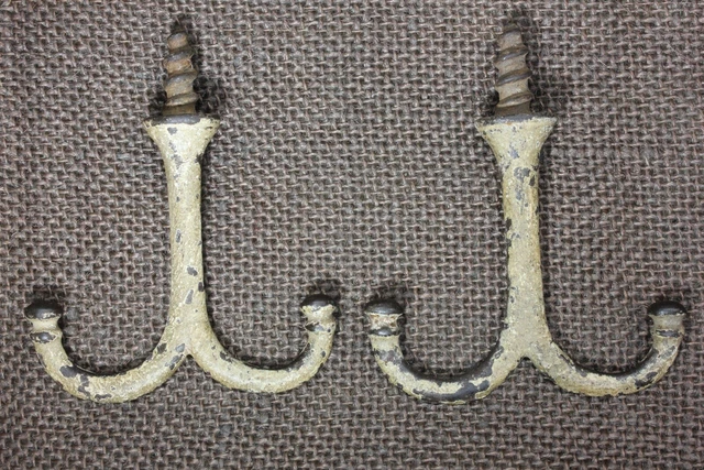 2 old Coat Hooks wardrobe under closet shelf cup hangers farmhouse vintage paint