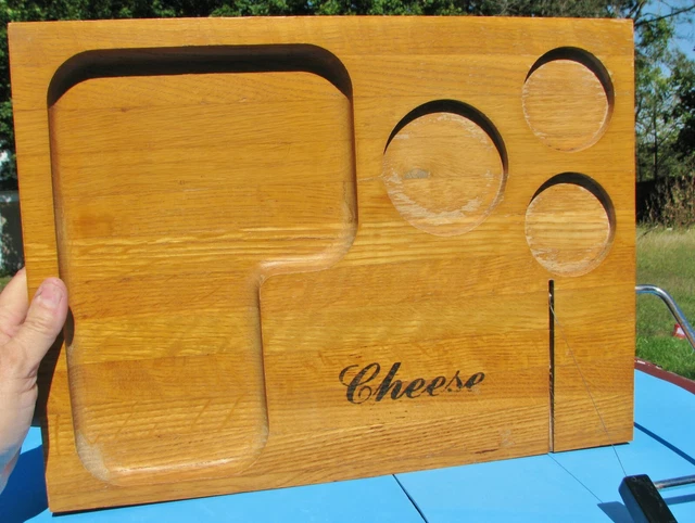 Vtg Lg Wood Butcher Block Cheese Cutting Board & Cutouts Attached Wire Slicer