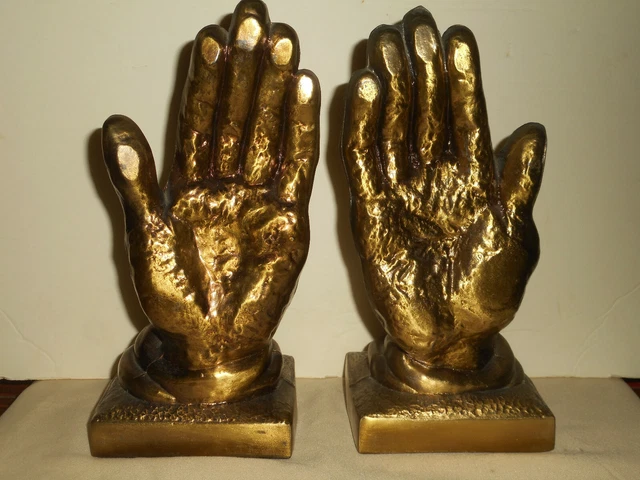 Vintage MCM Brass Hands Praying Bookends Bronze Tone Metal Bookend Set Religious