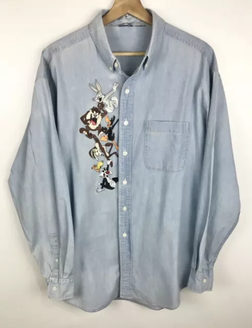 Looney Tunes Denim Shirt Unisex L Embroidered Button Up Lng Sleeve vintage 90's?