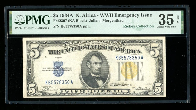 DBR 1934-A $5 Silver North Africa Fr. 2307 PMG 35 EPQ Serial K65578350A