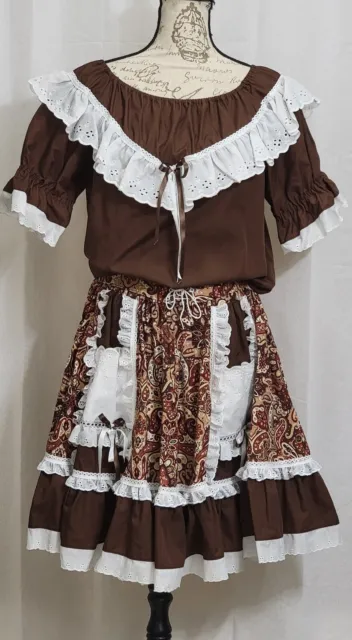 Fun & Fancy Brown White Prairie Square Dancing Skirt/Shirt Set Small Cosplay