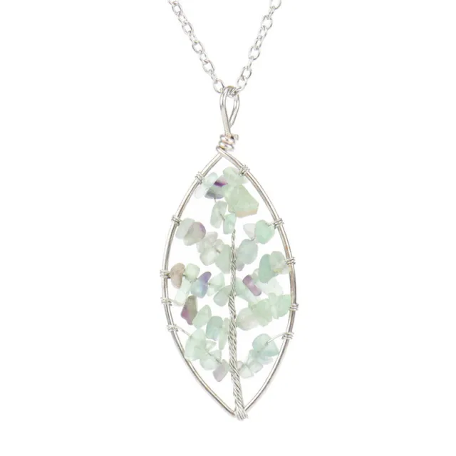 Natural Fluorite Crystal Tree of Life Leaf Pendant Necklace Healing Reiki Amulet