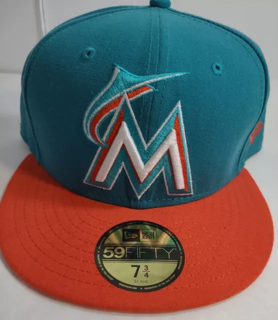 RARE Miami Marlins MLB New Era Baseball Cap 59FIFTY Hat Orange Brim/Teal  7 3/4