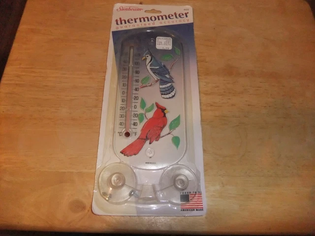 Vintage 1992 Sunbeam Cardinal Birds Thermometer WINDOW BLUE JAY NEW 8X4" USA
