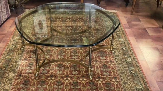 Hollywood Regency Hoof Foot Hexagon Brass Glass top coffee cocktail Table #2 Hollywood Regency Hoof Foot Hexagon Brass Glass top coffee cocktail Table #2