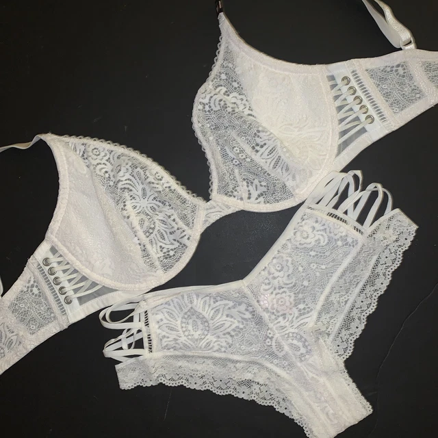 Victoria's Secret Nicht Gefüttert 34DDD Bh Set M Riemchen Höschen Kokos Weiß Zum
