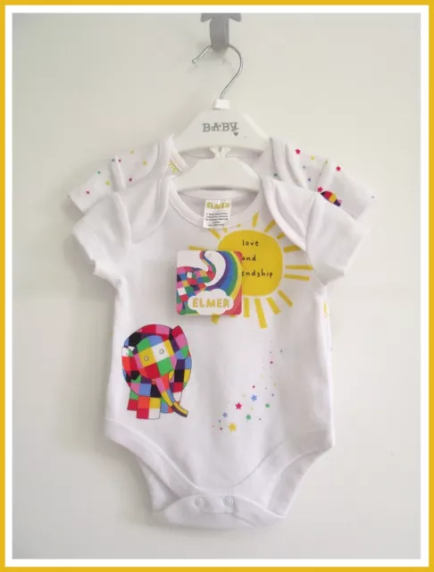 Baby Boys Girls Elmer The Patchwork Elephant Bodysuit Vests 2 Pack 0-12 Mths NEW