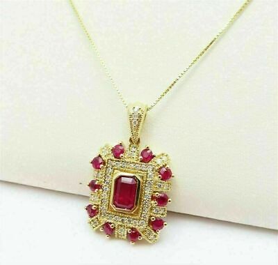4Ct Emerald Cut Lab Created Red Ruby & Diamond Halo Pendant 14K Yellow Gold Over