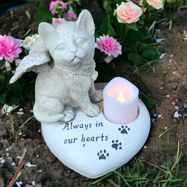 Angel Cat Wings Pet Memorial Heart Plaque Statue LED Light Garden Grave Marker