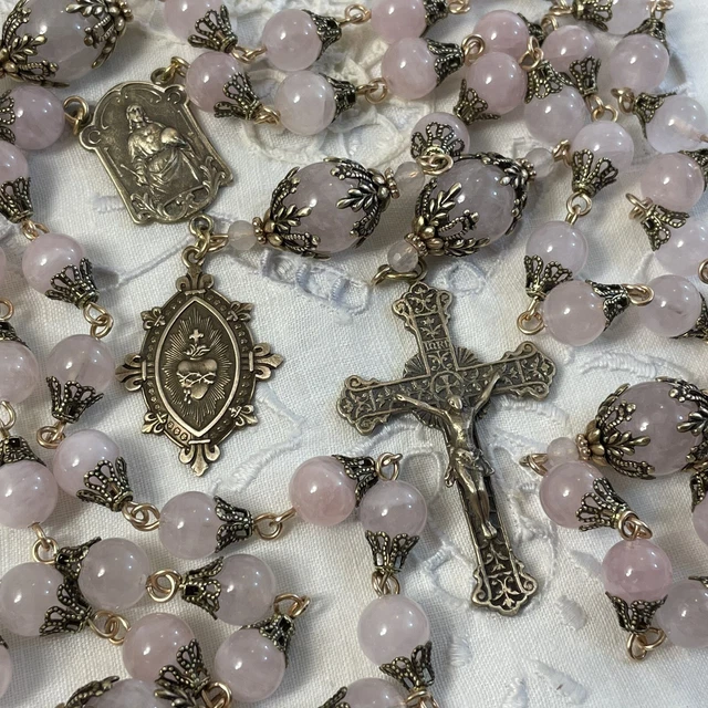 Rosary French Rose Quartz Beads Sacred Heart Crucifix Sacred HeartLourdes Center