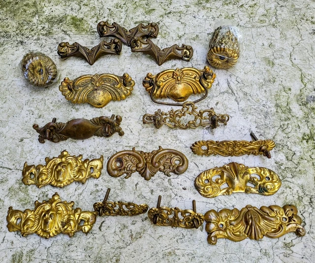 Antique 47 pc Architectural Salvage Drawer Pulls Backplates Brass Bronze & Metal