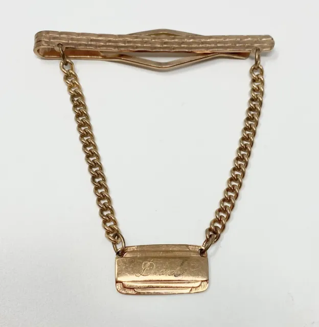 Vintage Tie Bar With Chain Custom Made Written Cursive “Dad” Copper Gold Tone