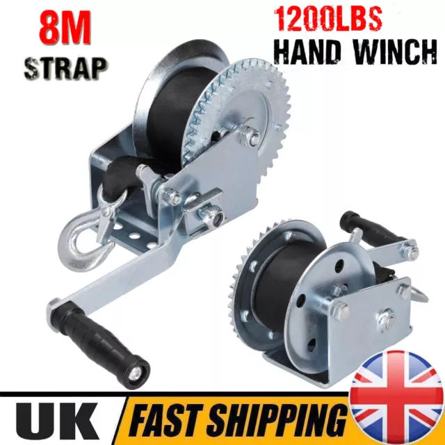 Heavy Duty Manual Hand Winch Webbing Strap Hook 1200LBS  with 8m (Trailer Hoist)