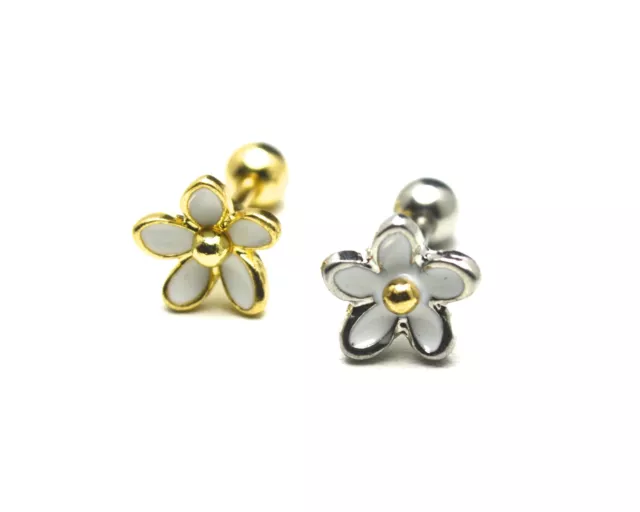 Tragus cartilage helix bar ear stud 6mm white enamel daisy flower