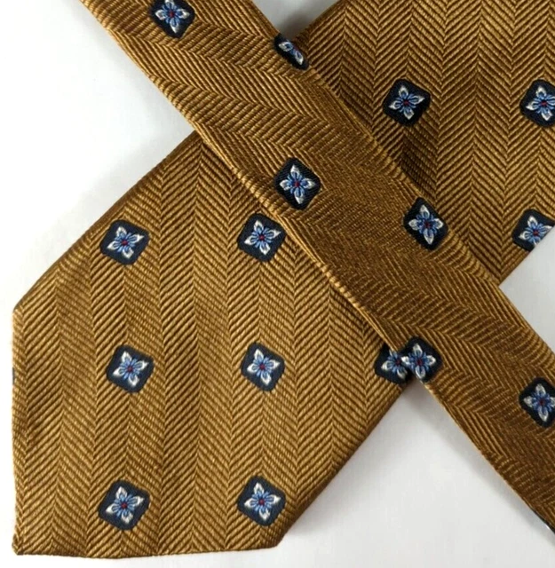 Jos A Bank Mens Tie Long, Brown W/ Blue Geometric Herringbone Pattern, 100% Silk