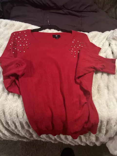 I Z Byer Pearl and Gold Embellished Women's Stretchable Red Top Sz L Granny Core 3