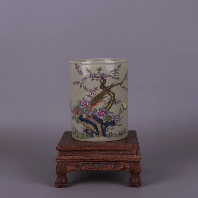13*9cm Collect China Ceramics Famille-rose Porcelain Flower Bird Round Brush Pot