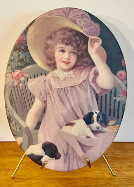 Vintage Bee Kay Creations Oval Plaque with Victorian Child and Puppies w/ Stand