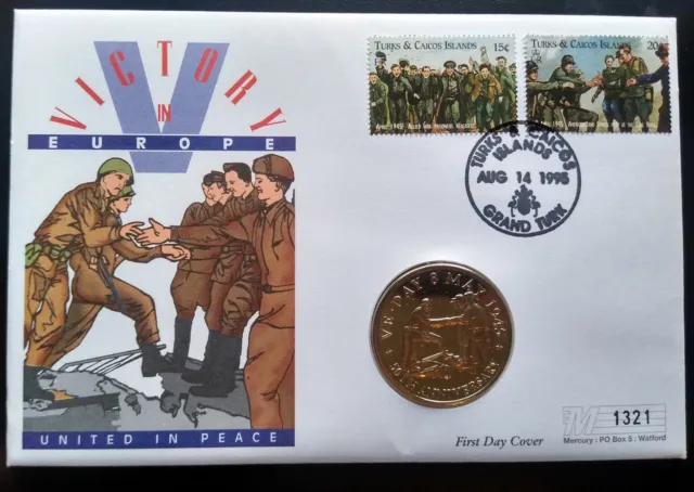 Turks & Caicos Coin/Stamp "United In Peace" Fdc 1995 Ve Day 50Th Anniversary