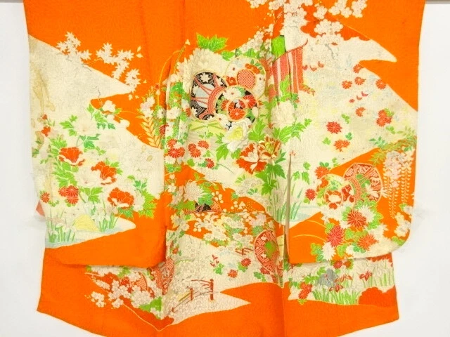41913# Japanese Kimono / Antique Kimono For Girls / Embroidery / Drum & Flow