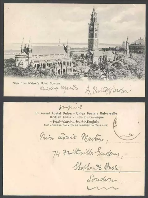 India Old Postcard View from Watson's Bombay, Clock Tower, Palm Trees & Panorama