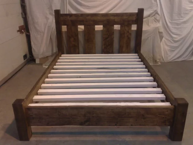 Double Rustic Slat Bed with low foot, finished in Dark Oak Wax