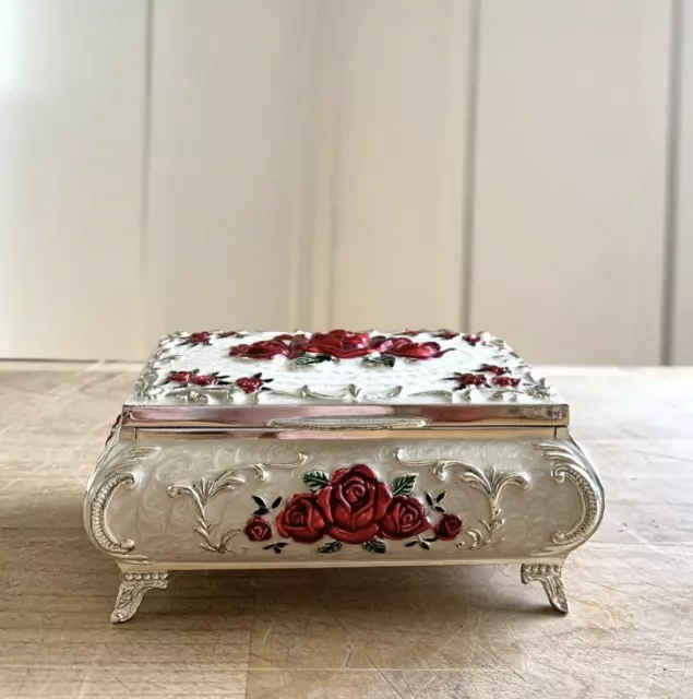 Vintage Metal and White Enamel with Red Hand Painted Flowers Jewelry Box