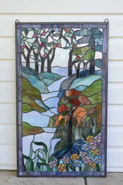 20.5" x 34.75" Handcrafted stained glass window panel Deer Drinking Water