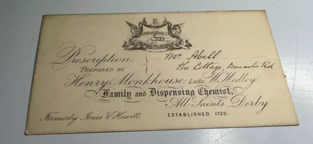 Antique Prescription Envelope  Henry Monkhouse Chemist Derby  to Mr Abell