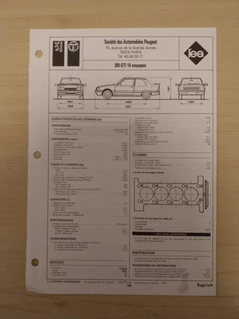 Peugeot 309 1.9 Gti 16 s 1905 Cm3 Fiche Technique Regla tech 1991 6 Pages