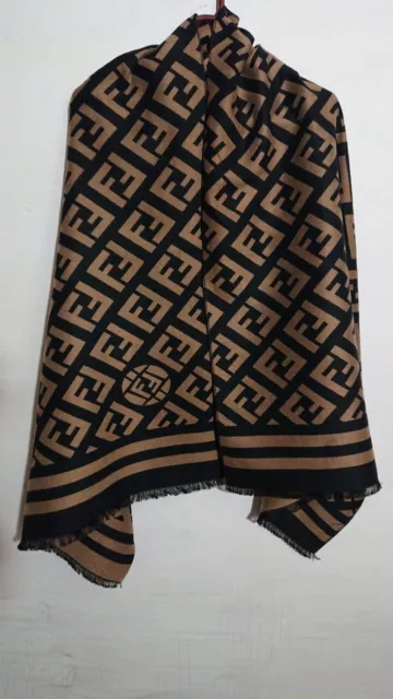 AUTHENTIC FENDI SCARF Shawl FF Brown Black Stole Monogram Cashmere