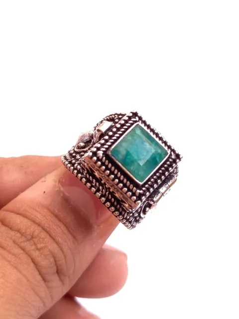 Handmade 925 Silver Plated Emerald  Poison Ring Secret Compartment Size 8 US