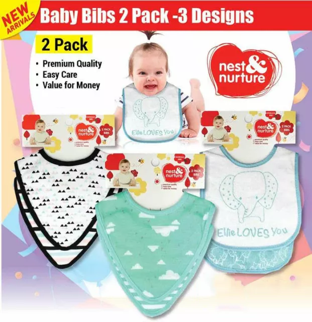 2 Pack Baby Bib Set Kid Boy Girl Triangle Bandana Gift Newborn Soft 3 Designs