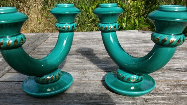 Paire de bougeoirs laiton et céramique – Marie Demeures