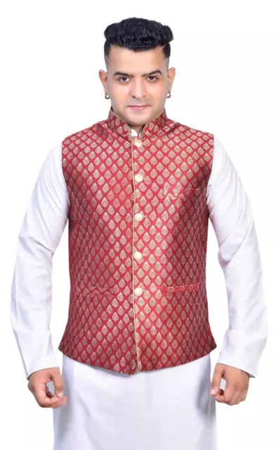 Men's Brocade Printed Asian Bollywood Wedding Waistcoat Jacket Only 1028 UK