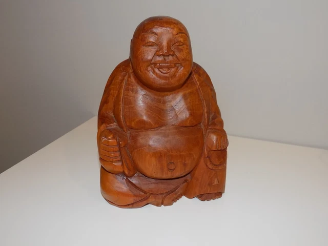 Wood Buddha 8½" Statue Happy Fat Smiling Laughing Wooden Hand Carved by NORLEANS
