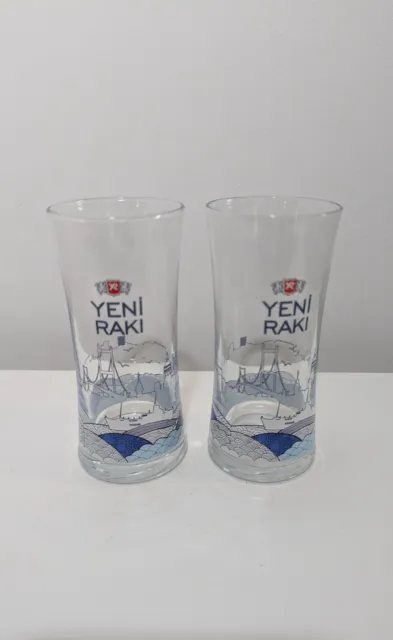 Two Turkish Yeni Raki Istanbul Cityscape Spirit Advertising Drinks Glasses