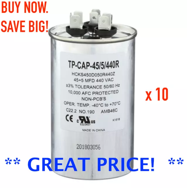 45+5 Mfd 440 Volt Round Run Capacitor by Tradepro 45/5 - Bundle Lot of 10