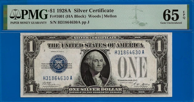 Highly Wanted ✅ 1928-A $1 S/C ➡️ Blue Seal 🔴 FR-1601 ⬅️ PMG 65EPQ # H31864630A