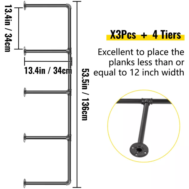 Industrial Pipe Shelves 4-Tier Wall Mount Iron Pipe Shelves 3 PCS Pipe Bookshelf 3