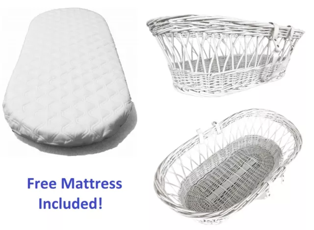 White Wicker Moses Basket leather look handle with FREE MATTRESS LIMITED OFFER