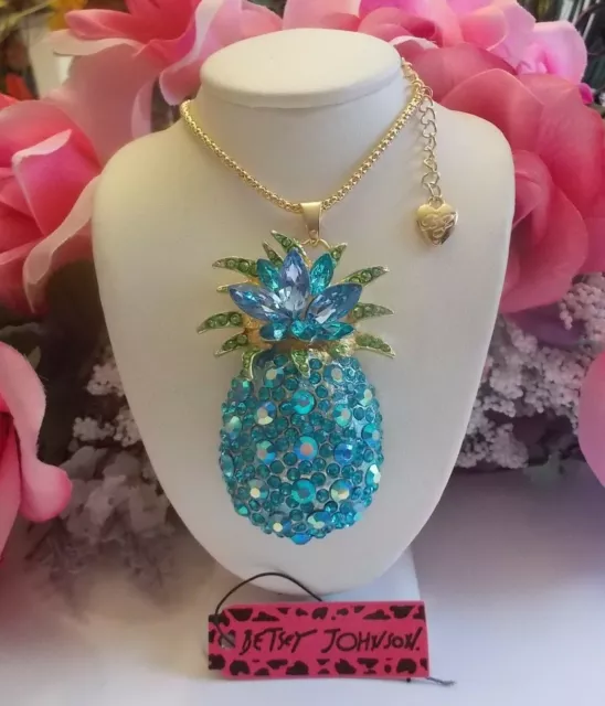 Betsey Johnson Sparkling Large Blue Pineapple Crystal Pendant Necklace
