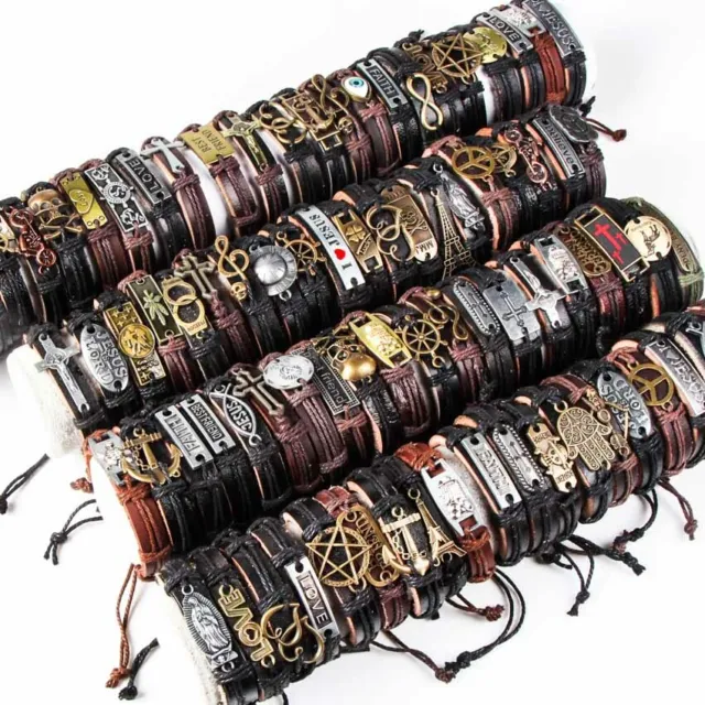 Wholesale 30pcs Mix Punk Biker Vintage men genuine leather Cuff Bracelet Jewelry