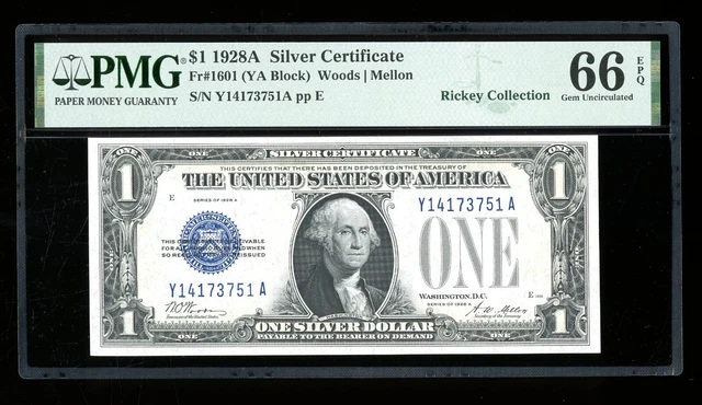 DBR 1928-A $1 Silver Funnyback Gem Fr. 1601 YA Block PMG 66 EPQ Ser # Y14173751A