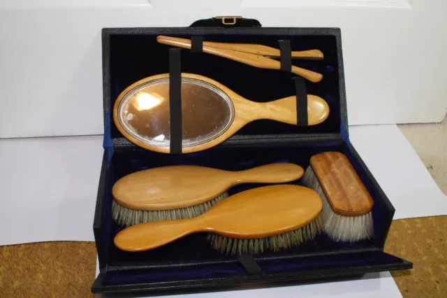 Antique Ladies or Gents Travel Vanity / Grooming Set Kit Leather Case SATINWOOD