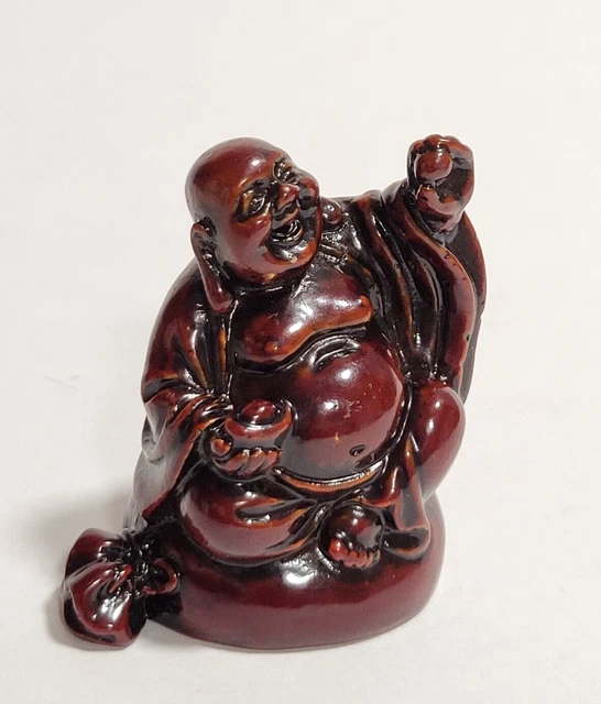 Vintage Small Mini Red Resin Laughing Smiling Buddha Sitting Figurine 2" Tall