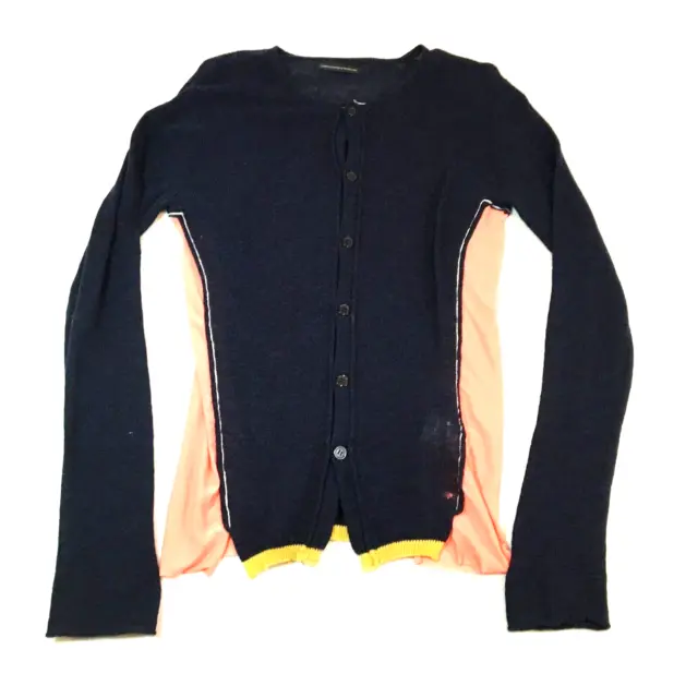 Y's Women Wool Cardigan Sweater Size 2 Navy Peach Yellow Long Sleeve NWD