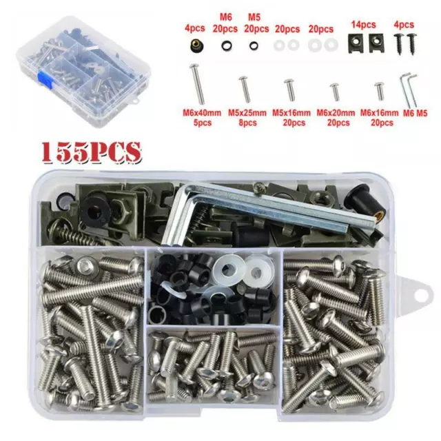 Universal 155Pcs Motorcycle Shell Fairing Bolt Plate Screw Nut Stainless Thread