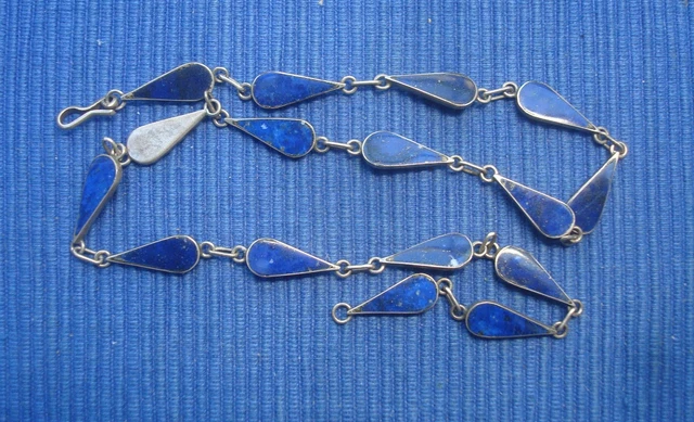 Collier Sautoir Chaîne Vénitienne Argent Massif Avec Lapis Lazuli - Bijou Vintage #AJ6 - Occasion